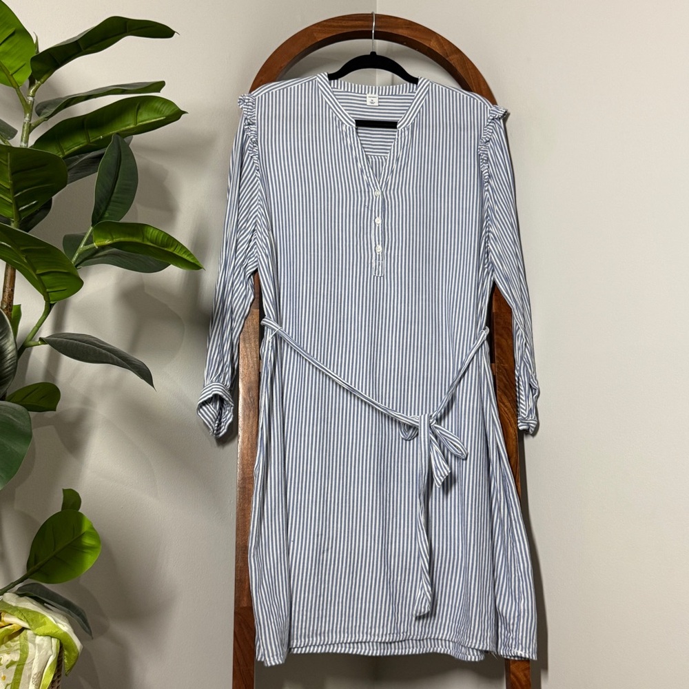 Old Navy XL Blue White Striped Ruffle Shoulder Long Sleeve Belted Dress